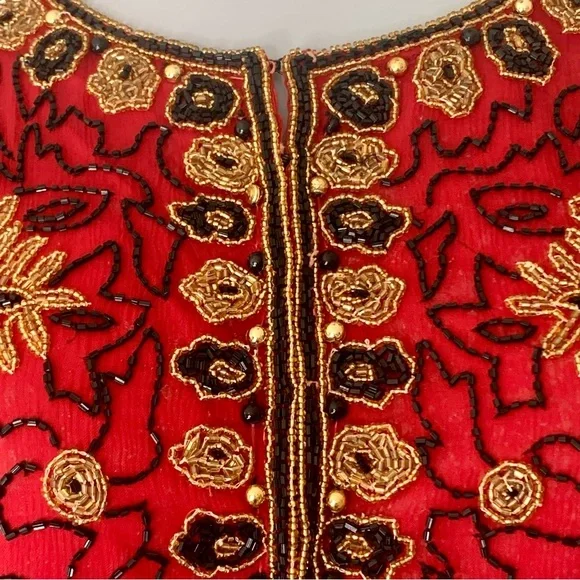Papell Boutique Evening Vintage 90’s Silk Beaded Jacket Embellished Red Gold 12 - Picture 4 of 16